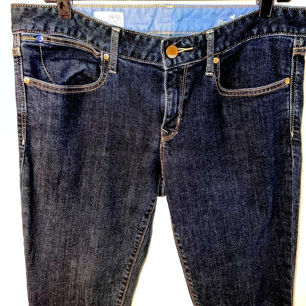 Gap, 1969, 31/12r, mid-rise,‎ always skinny ,dark wash 5 pocket,buttons zip jean